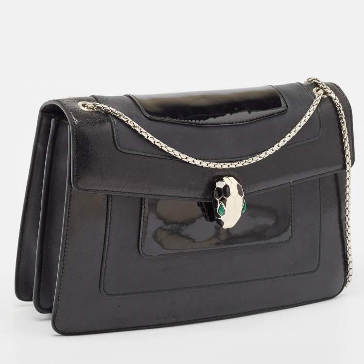 Pre Owned Bvlgari Black Leather and Patent Leather Medium Serpenti Forever Flap Shoulder Bag