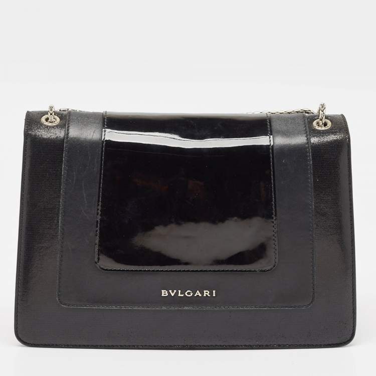 Pre Owned Bvlgari Black Leather and Patent Leather Medium Serpenti Forever Flap Shoulder Bag