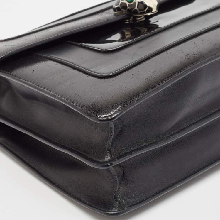 Pre Owned Bvlgari Black Leather and Patent Leather Medium Serpenti Forever Flap Shoulder Bag