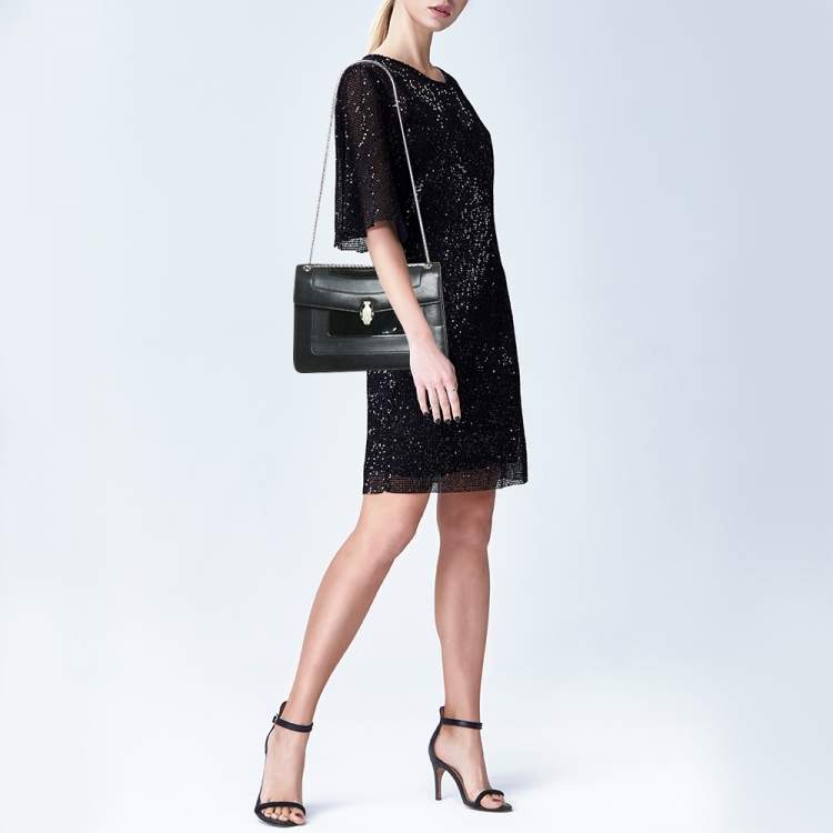 Pre Owned Bvlgari Black Leather and Patent Leather Medium Serpenti Forever Flap Shoulder Bag