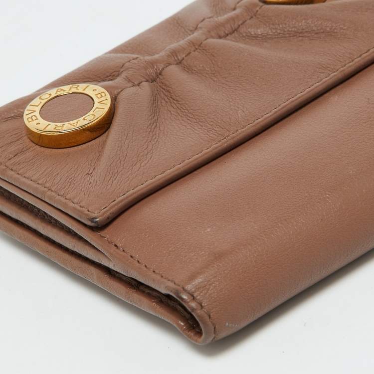 Pre Owned Bvlgari Brown Leather Logo Flap Compact Wallet