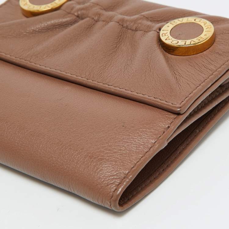 Pre Owned Bvlgari Brown Leather Logo Flap Compact Wallet