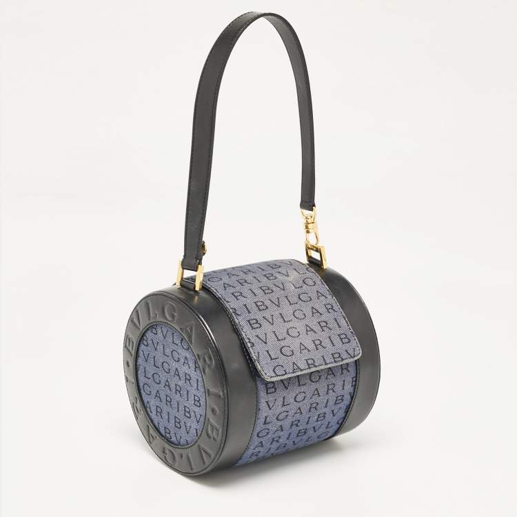 Pre Owned Bvlgari Blue/Black Logo Denim and Leather Cylinder Bag