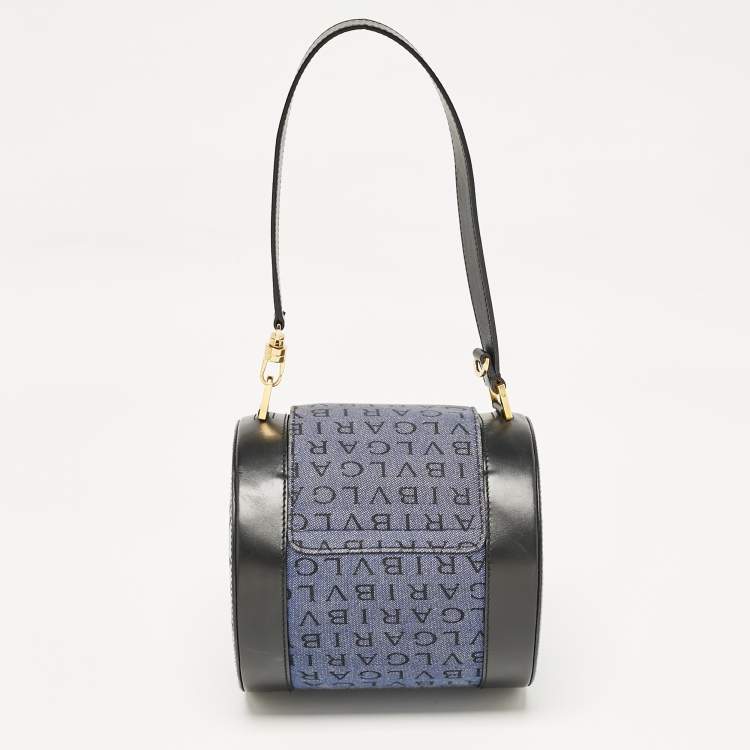 Pre Owned Bvlgari Blue/Black Logo Denim and Leather Cylinder Bag