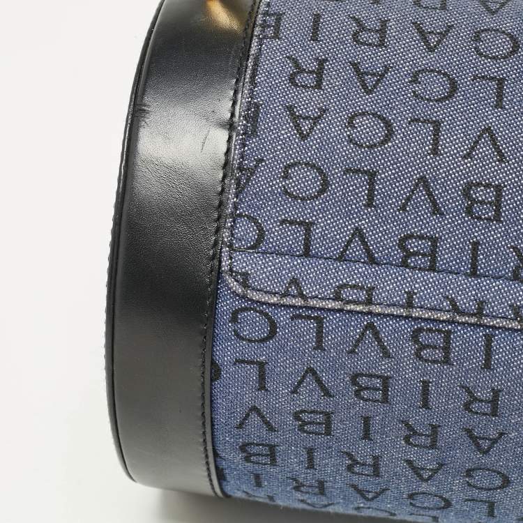 Pre Owned Bvlgari Blue/Black Logo Denim and Leather Cylinder Bag