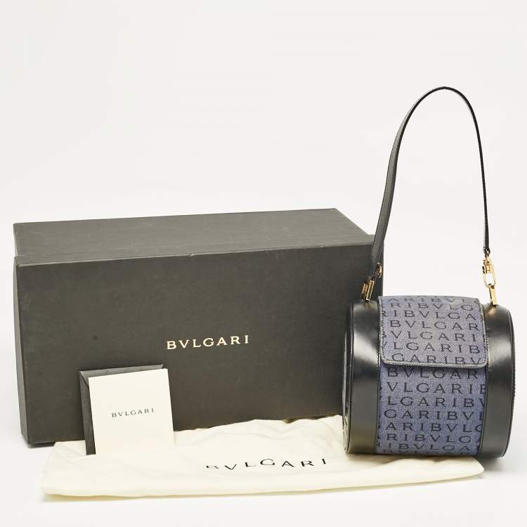 Pre Owned Bvlgari Blue/Black Logo Denim and Leather Cylinder Bag