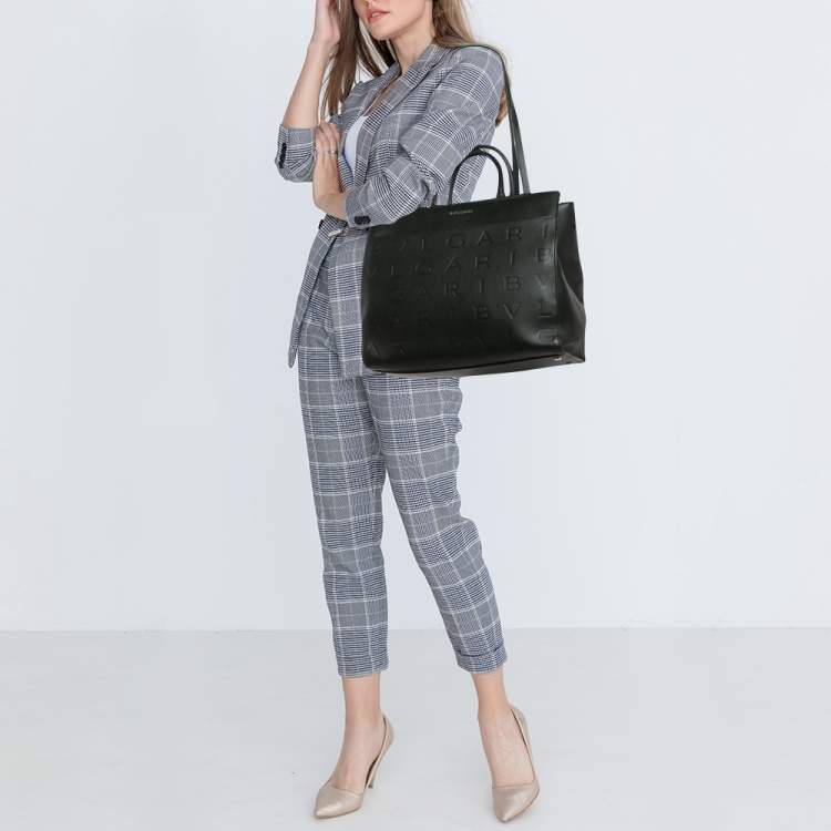 Pre Owned Bvlgari Black Leather Logo Embossed Tote
