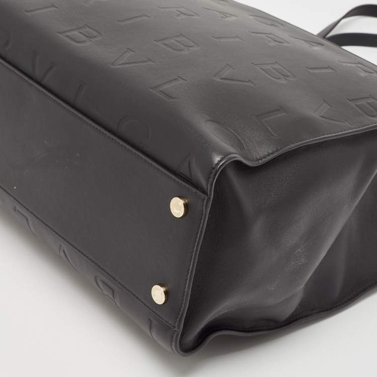 Pre Owned Bvlgari Black Leather Logo Embossed Tote