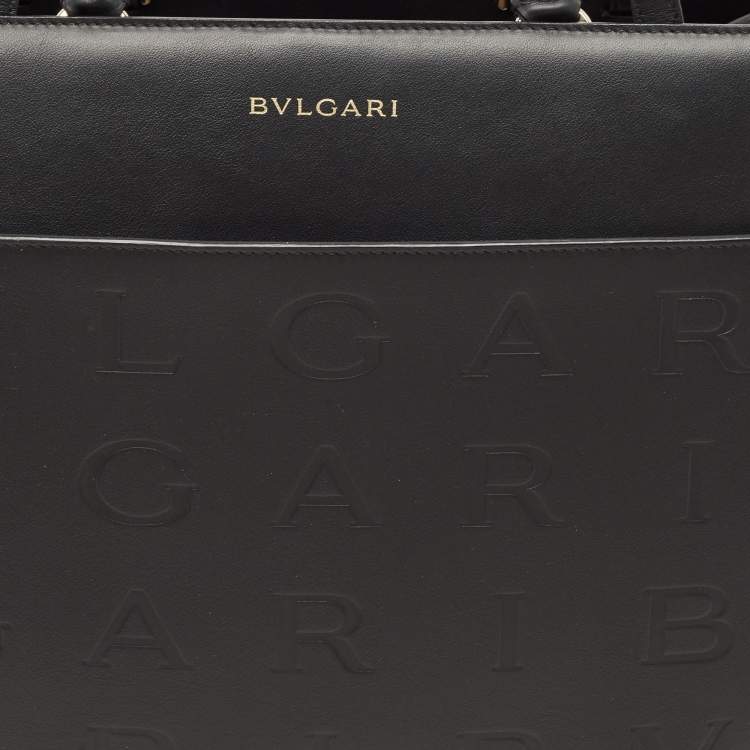 Pre Owned Bvlgari Black Leather Logo Embossed Tote