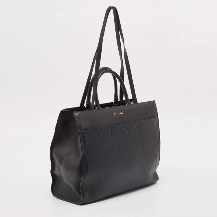 Pre Owned Bvlgari Black Leather Logo Embossed Tote