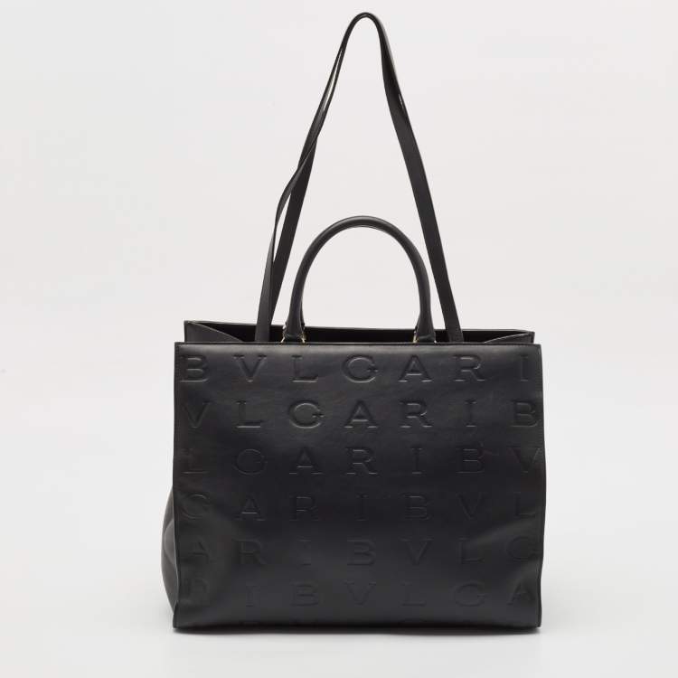 Pre Owned Bvlgari Black Leather Logo Embossed Tote