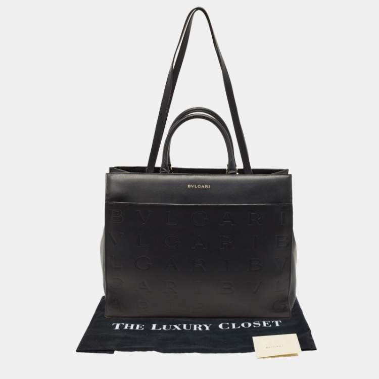 Pre Owned Bvlgari Black Leather Logo Embossed Tote