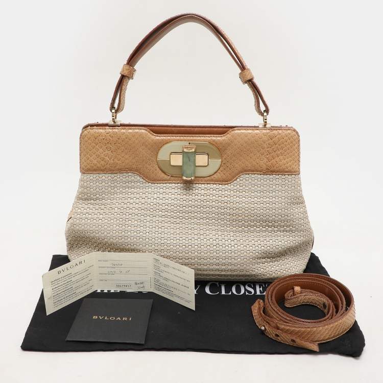 Pre Owned Bvlgari Beige/Brown Woven Leather and Python Isabella Rossellini Top Handle Bag
