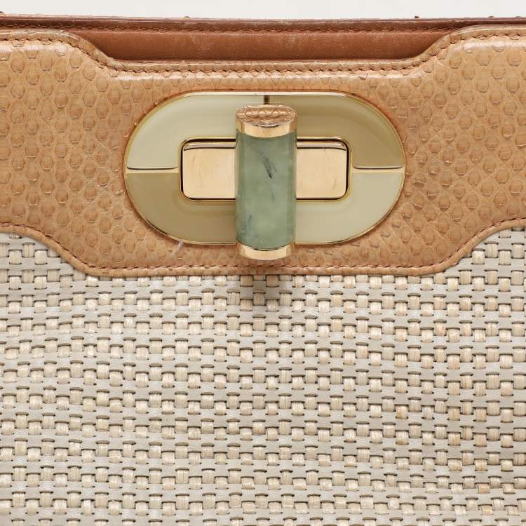Pre Owned Bvlgari Beige/Brown Woven Leather and Python Isabella Rossellini Top Handle Bag