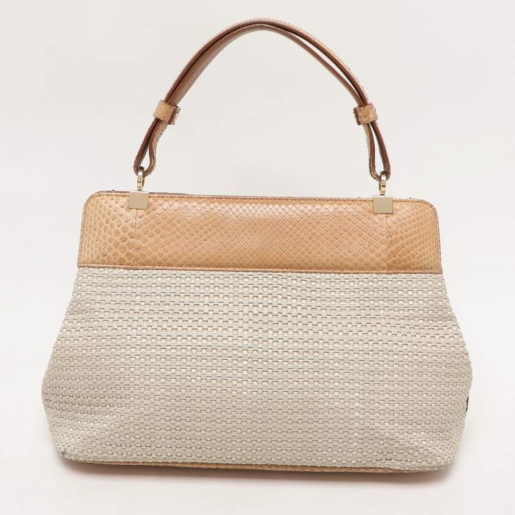 Pre Owned Bvlgari Beige/Brown Woven Leather and Python Isabella Rossellini Top Handle Bag