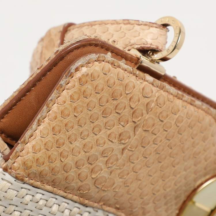 Pre Owned Bvlgari Beige/Brown Woven Leather and Python Isabella Rossellini Top Handle Bag