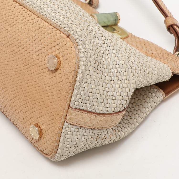 Pre Owned Bvlgari Beige/Brown Woven Leather and Python Isabella Rossellini Top Handle Bag