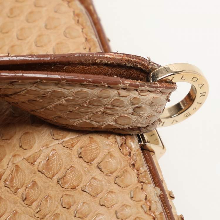 Pre Owned Bvlgari Beige/Brown Woven Leather and Python Isabella Rossellini Top Handle Bag