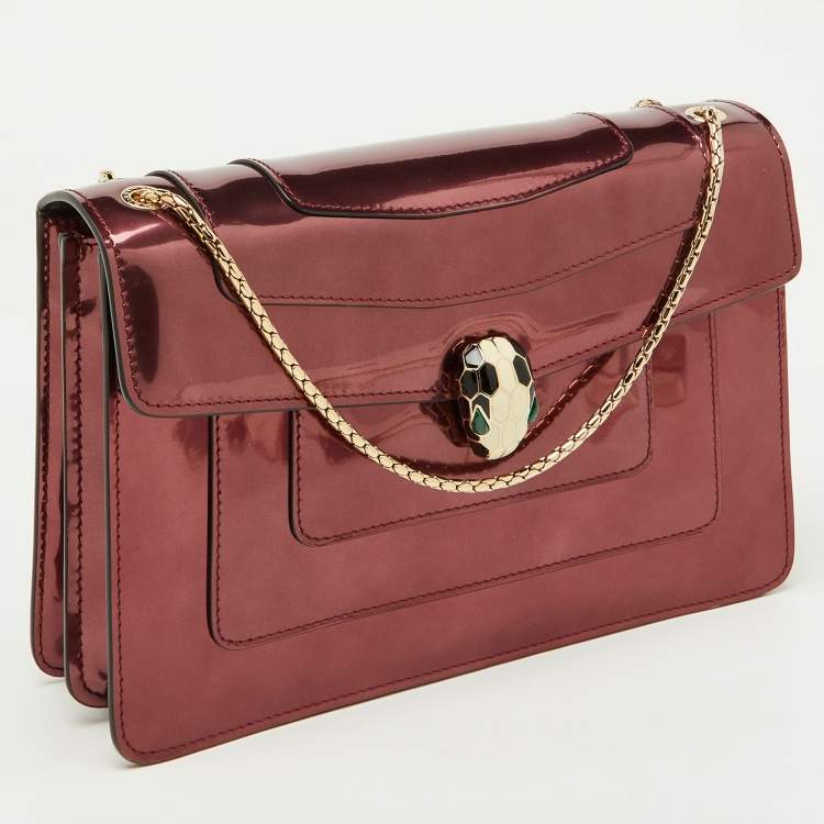 Pre Owned Bvlgari Burgundy Patent Leather Medium Serpenti Forever Flap Shoulder Bag