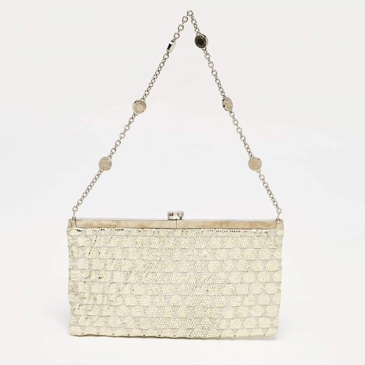 Pre Owned Bvlgari Gold/Grey Karung and Leather Frame Chain Clutch