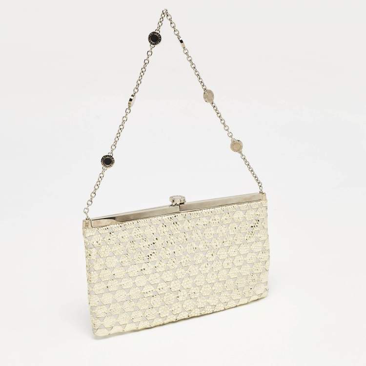 Pre Owned Bvlgari Gold/Grey Karung and Leather Frame Chain Clutch