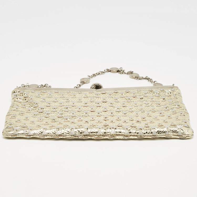 Pre Owned Bvlgari Gold/Grey Karung and Leather Frame Chain Clutch