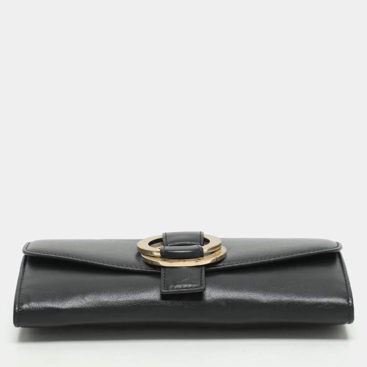 Pre Owned Bvlgari Black Leather Double Ring Flap Continental Wallet