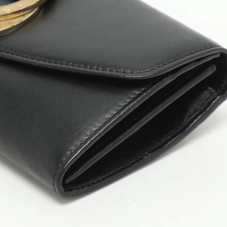 Pre Owned Bvlgari Black Leather Double Ring Flap Continental Wallet
