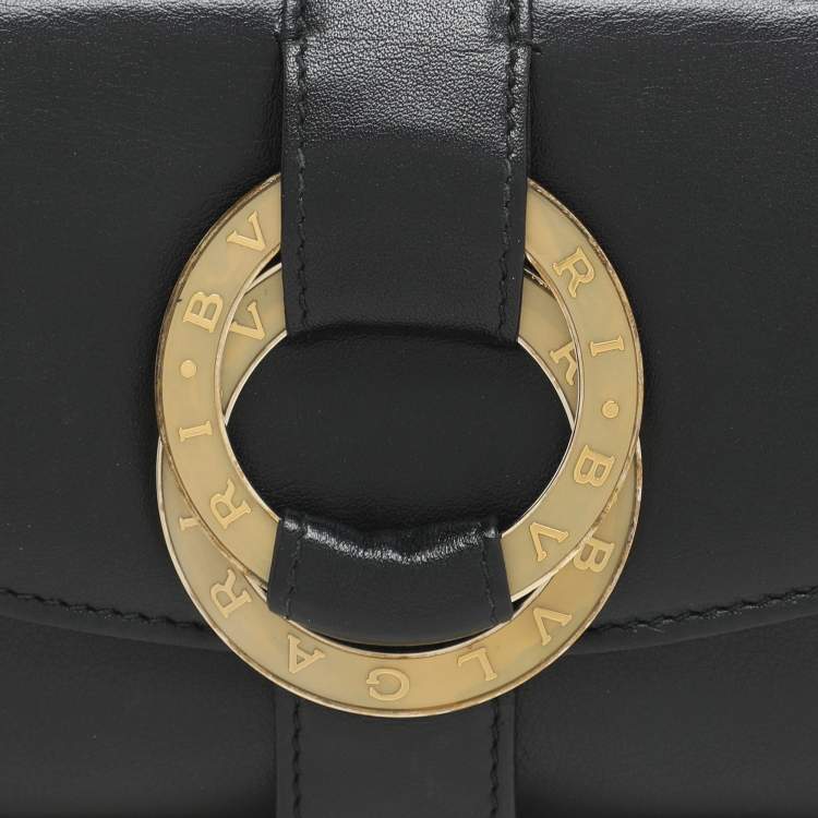 Pre Owned Bvlgari Black Leather Double Ring Flap Continental Wallet