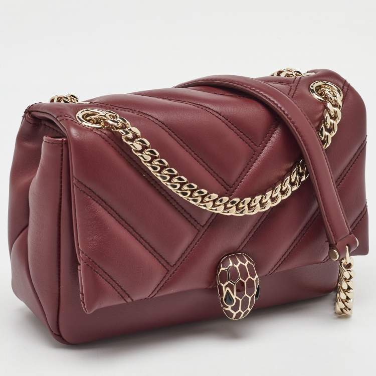 Pre Owned Bvlgari Burgundy Quilted Leather Small Serpenti Cabochon Shoulder Bag 