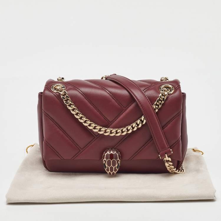 Pre Owned Bvlgari Burgundy Quilted Leather Small Serpenti Cabochon Shoulder Bag 