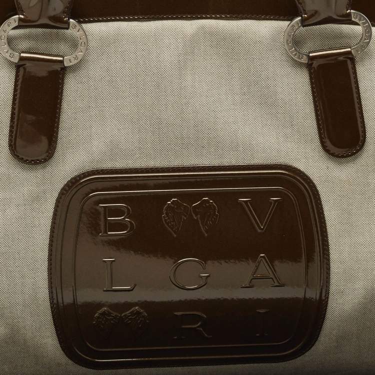 Pre Owned Bvlgari Dark Brown/Grey Patent Leather and Canvas Middle Zip Tote