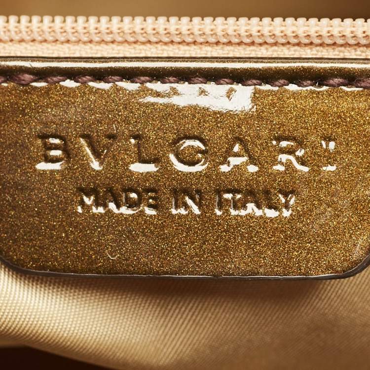 Pre Owned Bvlgari Dark Brown/Grey Patent Leather and Canvas Middle Zip Tote