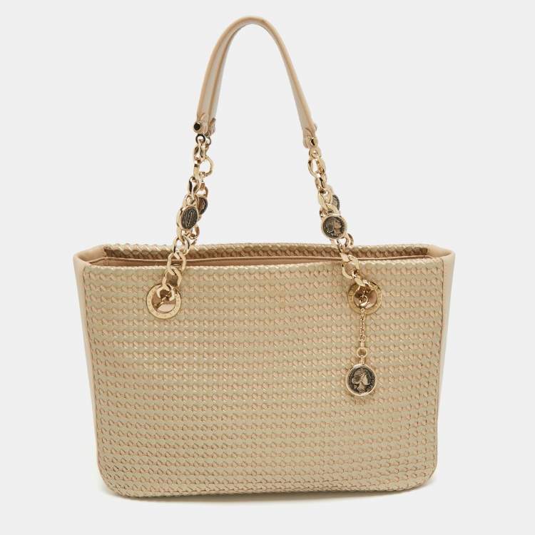 Pre Owned Bvlgari Beige/Silver Woven Leather Monte Plisse Shopper Tote