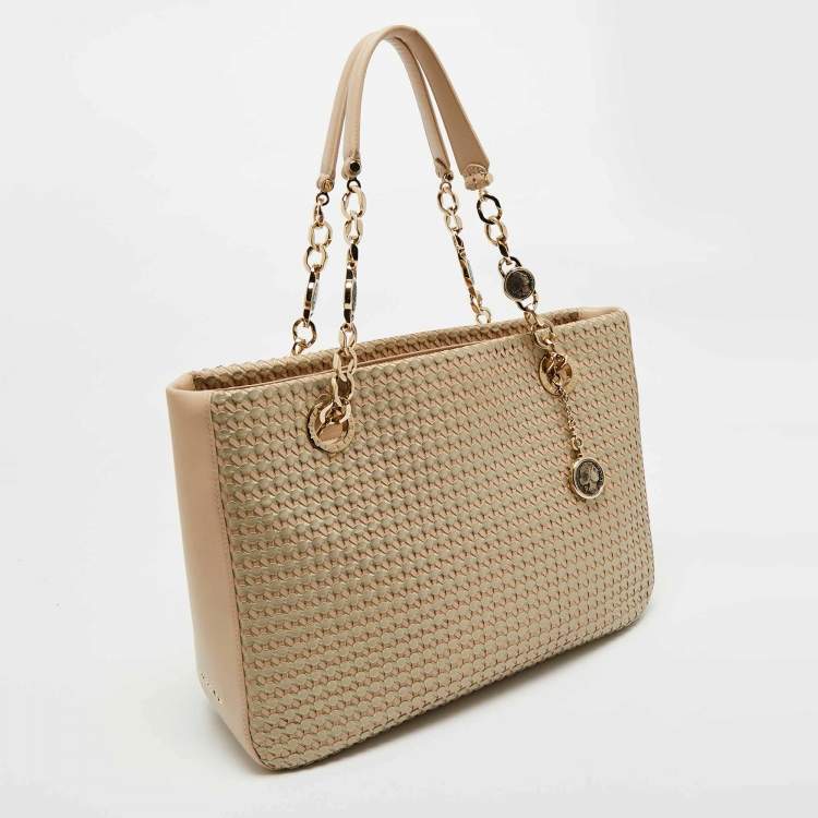 Pre Owned Bvlgari Beige/Silver Woven Leather Monte Plisse Shopper Tote