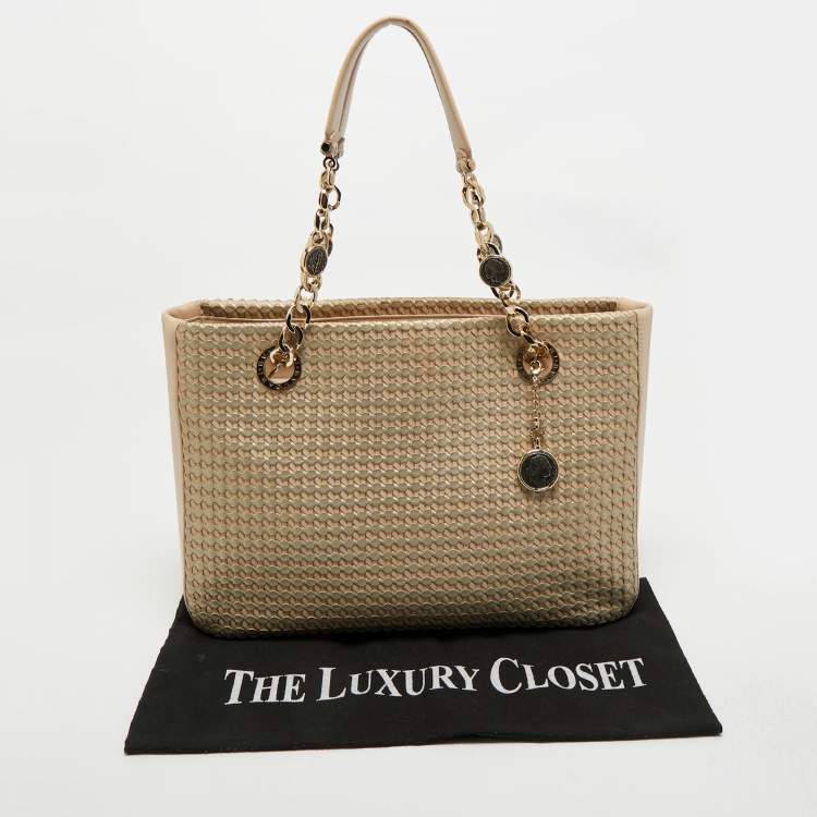 Pre Owned Bvlgari Beige/Silver Woven Leather Monte Plisse Shopper Tote