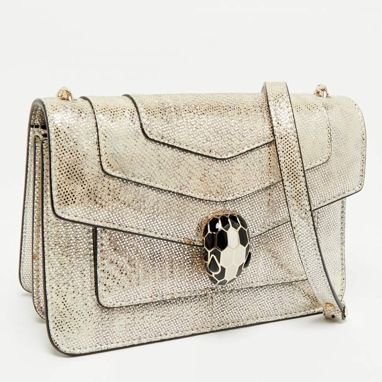 Pre Owned Bvlgari Silver Shimmering Karung Leather Small Serpenti Forever Shoulder Bag