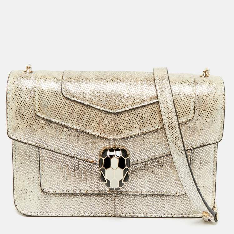 Pre Owned Bvlgari Silver Shimmering Karung Leather Small Serpenti Forever Shoulder Bag