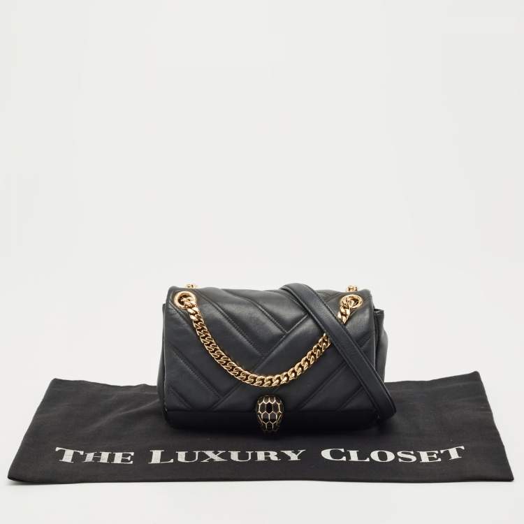 Pre Owned Bvlgari Black Quilted Leather Small Serpenti Cabochon Shoulder Bag