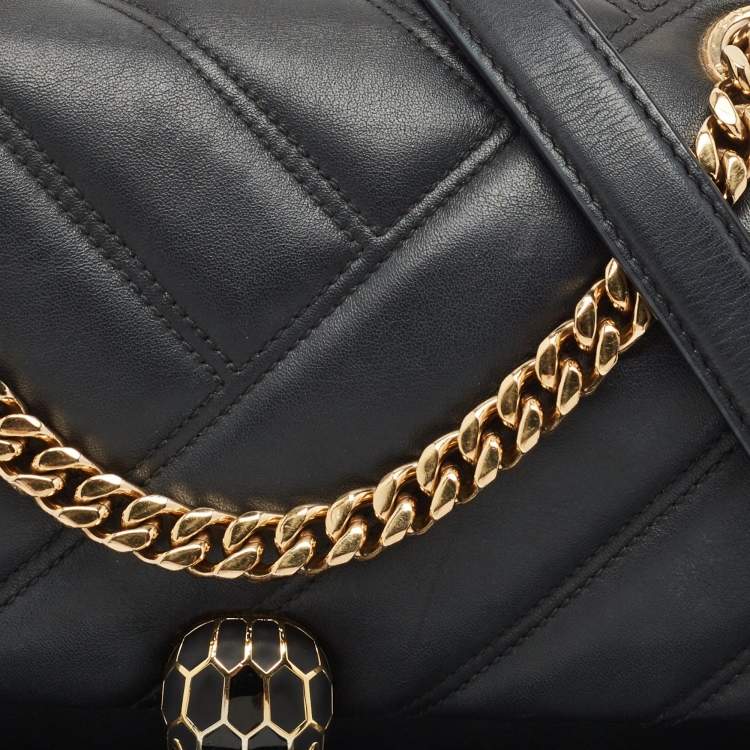Pre Owned Bvlgari Black Quilted Leather Small Serpenti Cabochon Shoulder Bag
