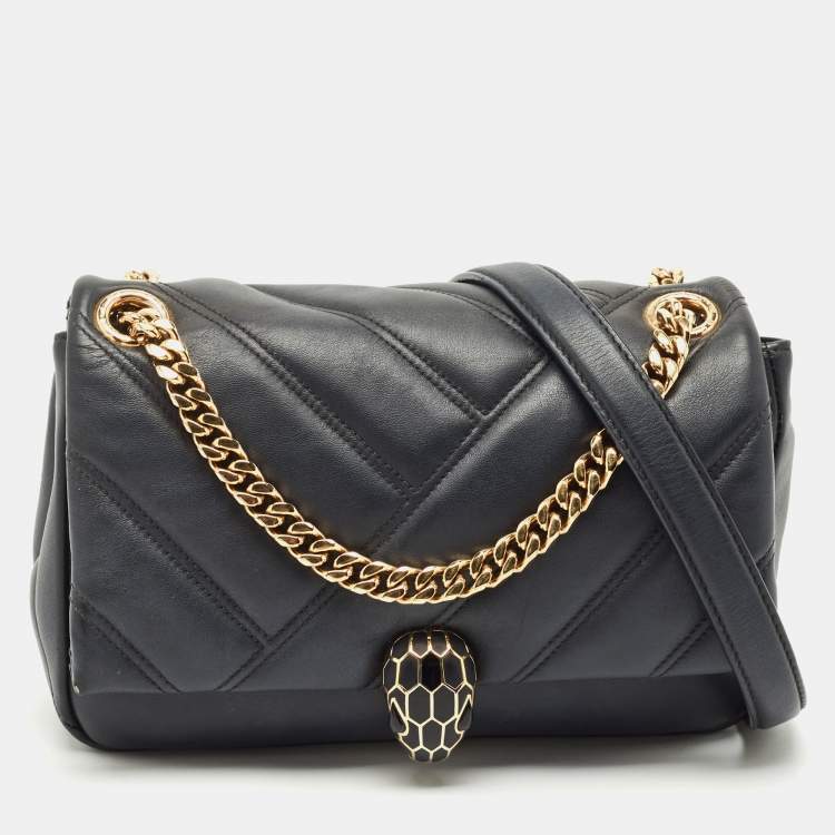 Pre Owned Bvlgari Black Quilted Leather Small Serpenti Cabochon Shoulder Bag