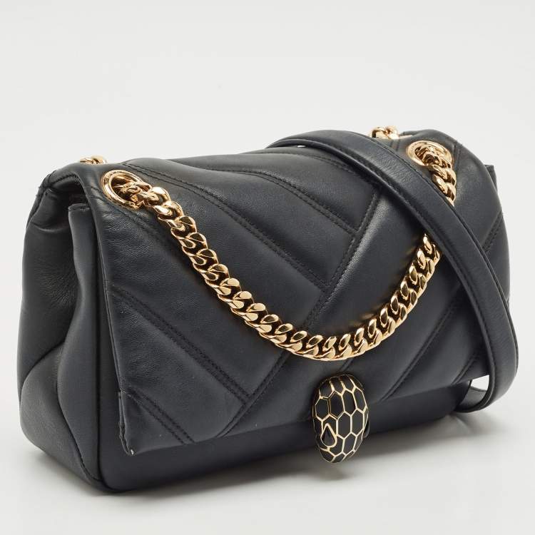Pre Owned Bvlgari Black Quilted Leather Small Serpenti Cabochon Shoulder Bag