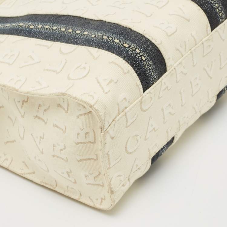Pre Owned Bvlgari Blue/Off White Logomania Canvas and Stingray Bangle Tote
