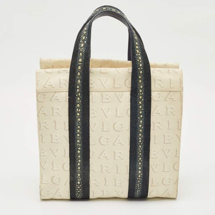 Pre Owned Bvlgari Blue/Off White Logomania Canvas and Stingray Bangle Tote