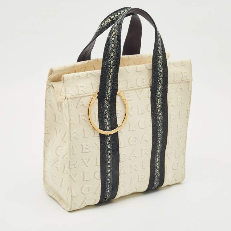 Pre Owned Bvlgari Blue/Off White Logomania Canvas and Stingray Bangle Tote