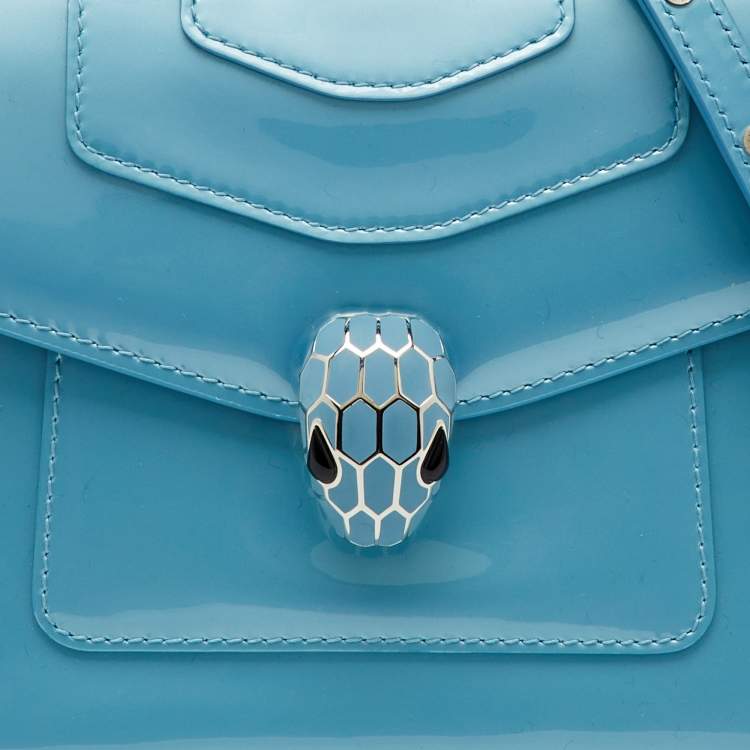 Pre Owned Bvlgari Blue Patent Leather Serpenti Forever Small Top Handle Bag