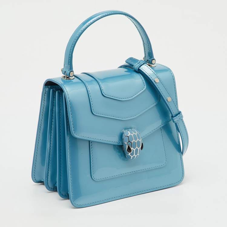 Pre Owned Bvlgari Blue Patent Leather Serpenti Forever Small Top Handle Bag