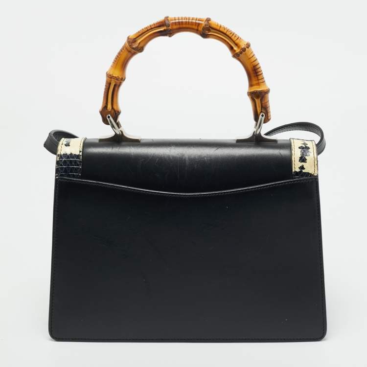 Pre Owned Gucci Black Leather and Snakeskin Small Lilith Bamboo Top Handle Bag