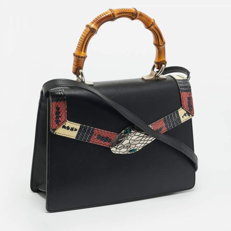 Pre Owned Gucci Black Leather and Snakeskin Small Lilith Bamboo Top Handle Bag