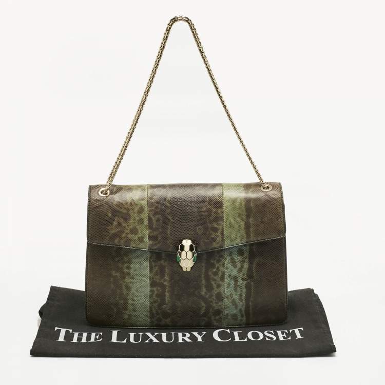 Pre Owned Bvlgari Green/Black Karung Leather Medium Serpenti Forever Shoulder Bag